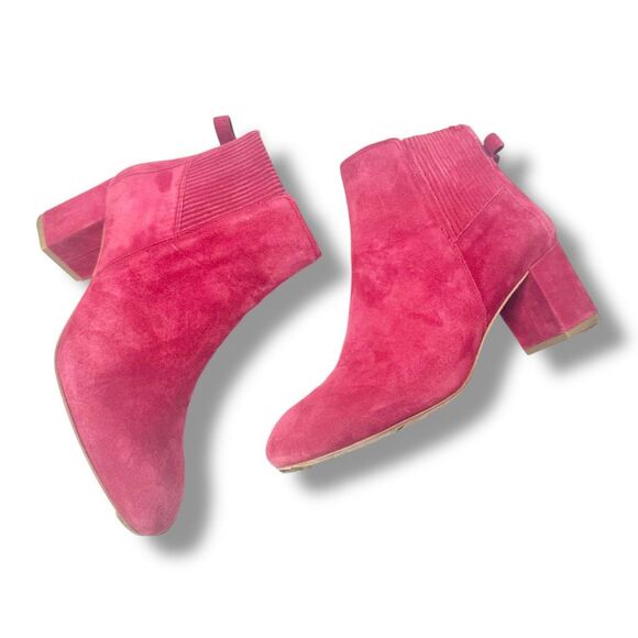 Kate Spade Lorene Light Ruby Red Suede Block Heel Ankle Boots Bow Gold Logo 7.5M - Picture 5 of 9